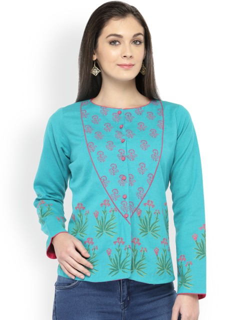 

Bitterlime Women Sea Green Printed Tailored Jacket