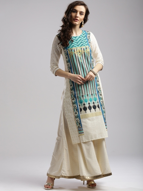 

W Women Cream-Coloured & Blue Printed Straight Kurta