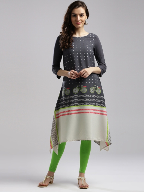

W Women Grey & Off-White Printed A-Line Asymmetric Kurta