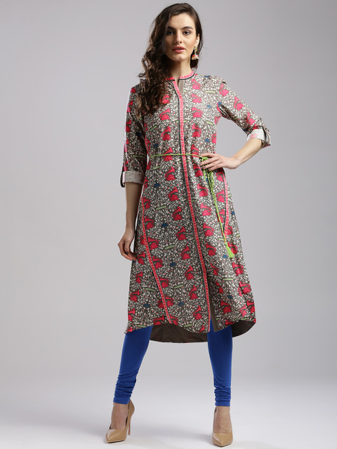 

W Women Grey & Pink Printed A-Line Kurta
