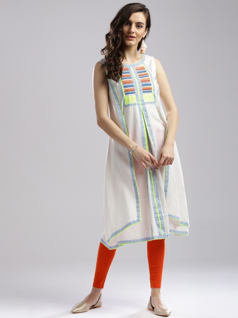 

W Women White & Blue Yoke Design A-Line Kurta