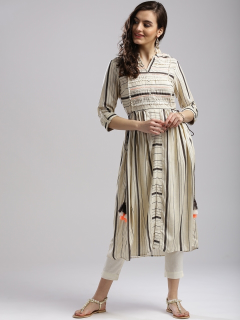 

W Women Cream-Coloured & Charcoal Grey Striped A-Line Kurta