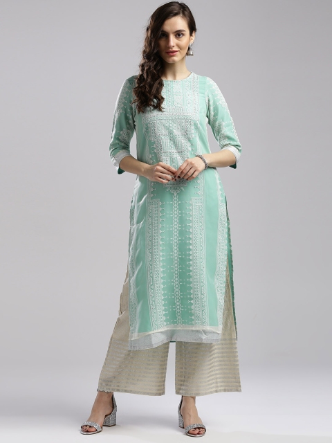 

W Women Sea Green & White Printed Straight Kurta