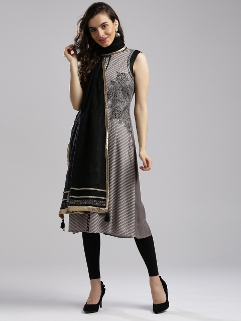 

W Black Self-Striped Dupatta with Printed Detail