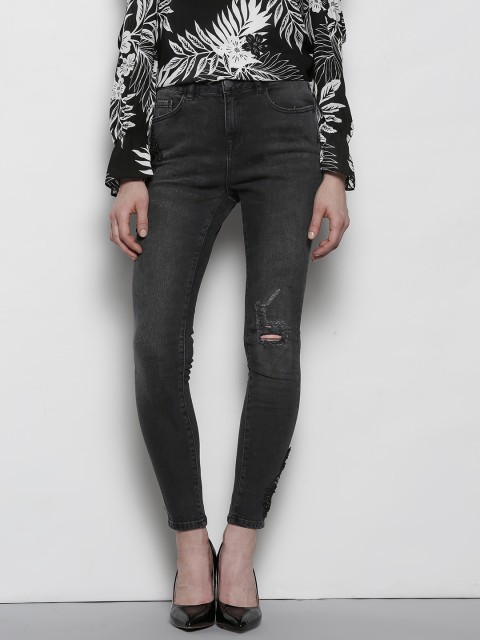 

DOROTHY PERKINS Women Charcoal Grey Mid-Rise Low Distress Stretchable Jeans