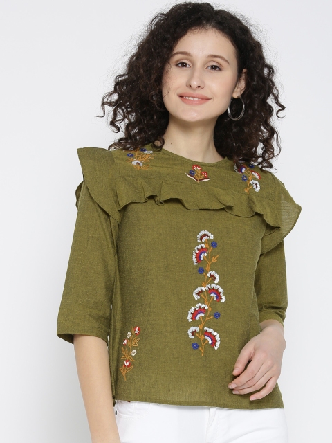 

SCOUP Women Olive Green Embroidered Top with Ruffles