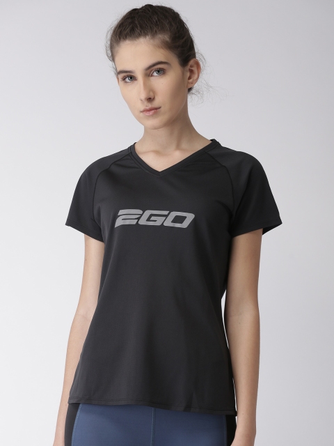 

2GO Women Black Printed V-Neck Running T-shirt