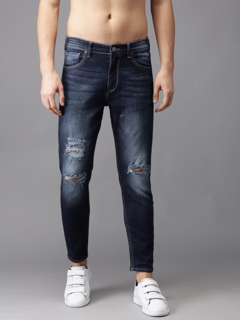 

HERE&NOW Men Blue Slim Fit Cropped Mid-Rise Low Distress Stretchable Jeans