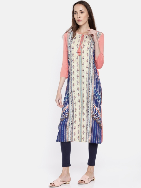 

AURELIA Women Off-White & Coral Pink Printed Straight Kurta