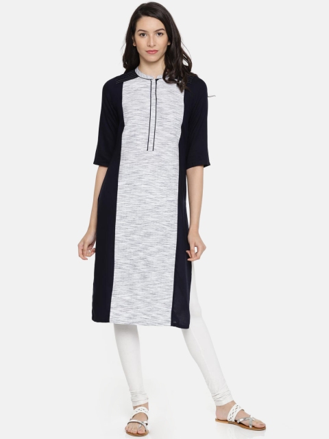 

AURELIA Women Navy Blue & White Woven Design Straight Kurta