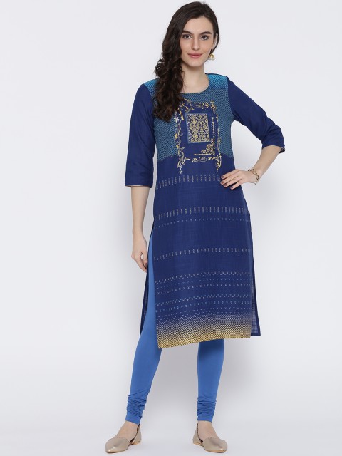 

AURELIA Women Navy Printed Straight Kurta, Navy blue