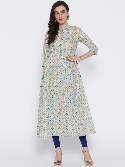 

AURELIA Women Off-White & Golden Printed A-Line Kurta