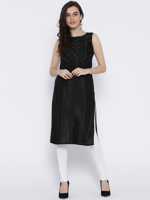 

AURELIA Women Black Sequinned Detail Straight Kurta
