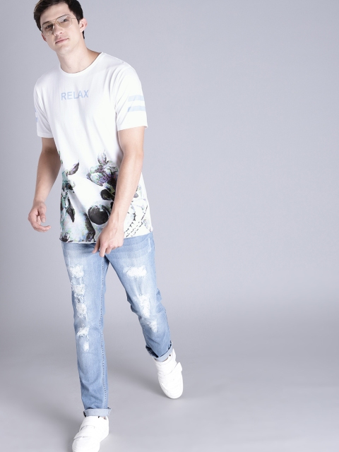 

Kook N Keech Men White Floral Printed Round Neck Longline T-shirt