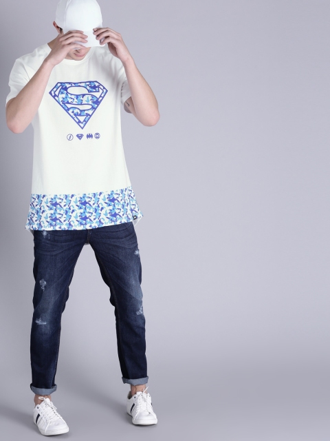 

Justice League Men White & Blue Printed Round Neck Longline T-shirt