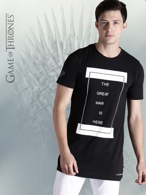 

Game of Thrones by Kook N Keech Men Black Printed Round Neck Longline T-shirt