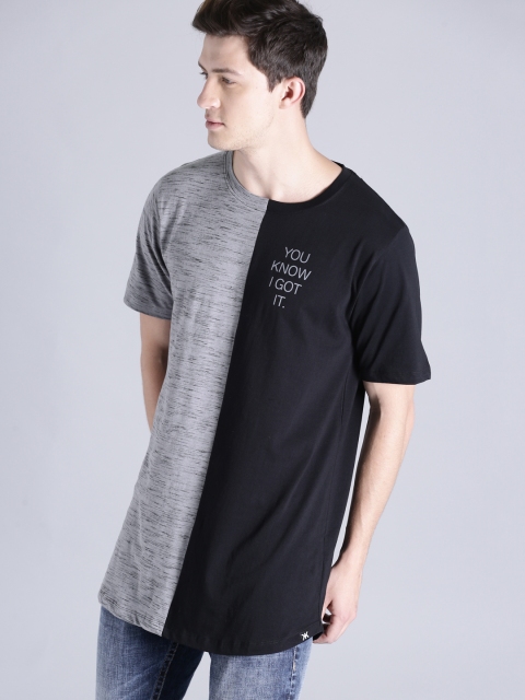 

Kook N Keech Men Grey & Black Colourblocked Round Neck Longline T-shirt
