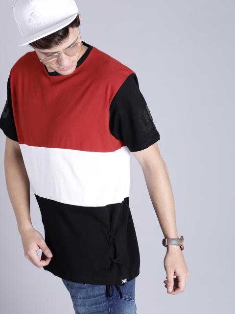 

Kook N Keech Men Red & White Colourblocked Round Neck Longline T-shirt