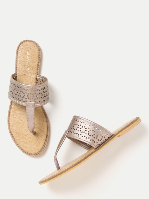 

DressBerry Women Muted Gold-Toned Cut-Out T-Strap Flats