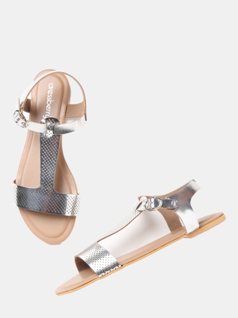 

DressBerry Women Silver-Toned Perforated Flats