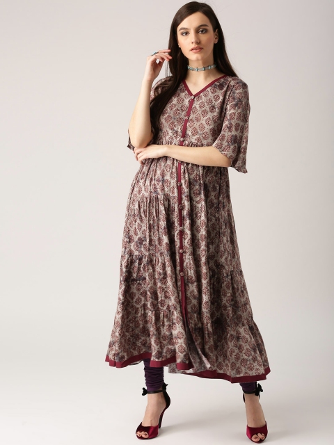 

Libas Women Grey & Maroon Printed Tiered Anarkali Kurta