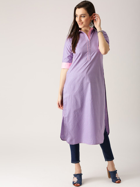 

Libas Women Pink & Blue Checked Pathani Kurta