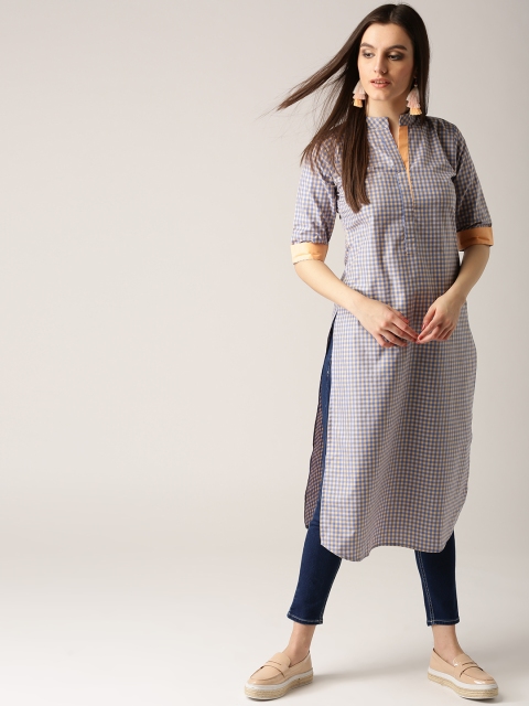 

Libas Women Blue & Peach-Coloured Checked Straight Kurta
