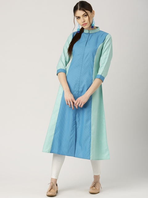 

Libas Women Blue & Sea Green Checked A-Line Kurta