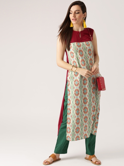 

Libas Women Off-White & Maroon Printed Straight Kurta