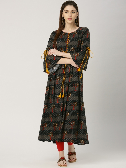 

Libas Women Navy & Charcoal Grey Printed A-Line Kurta, Navy blue