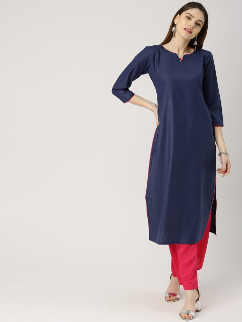 

Libas Women Navy Blue Solid Straight Kurta