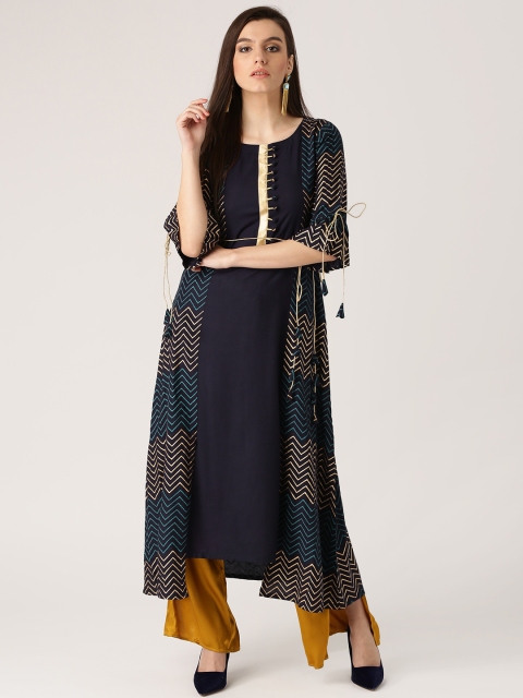 

Libas Women Navy Blue & Golden Chevron Print A-Line Kurta