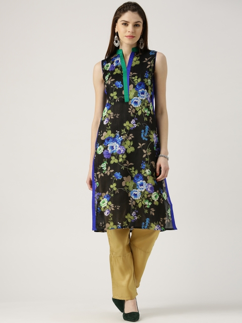 

Libas Women Black & Green Floral Printed Straight Kurta