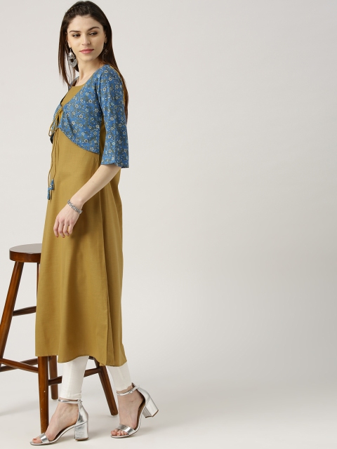 

Libas Women Mustard Yellow & Blue Yoke Design A-Line Kurta