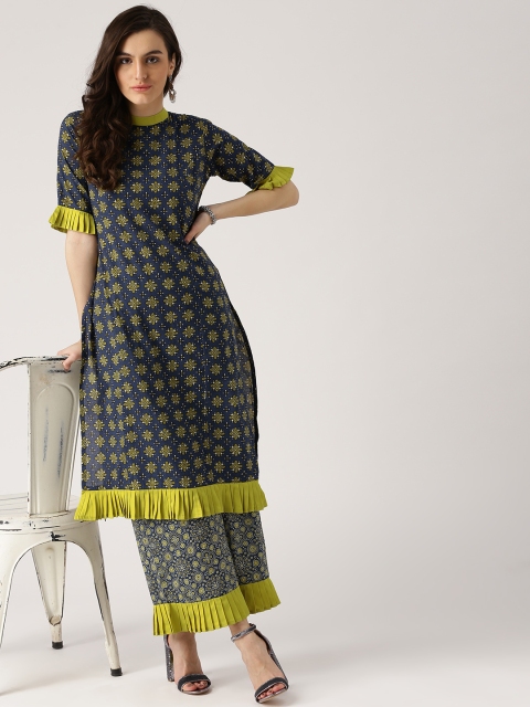 

Libas Women Navy Blue & Lime Green Printed Kurta with Palazzos