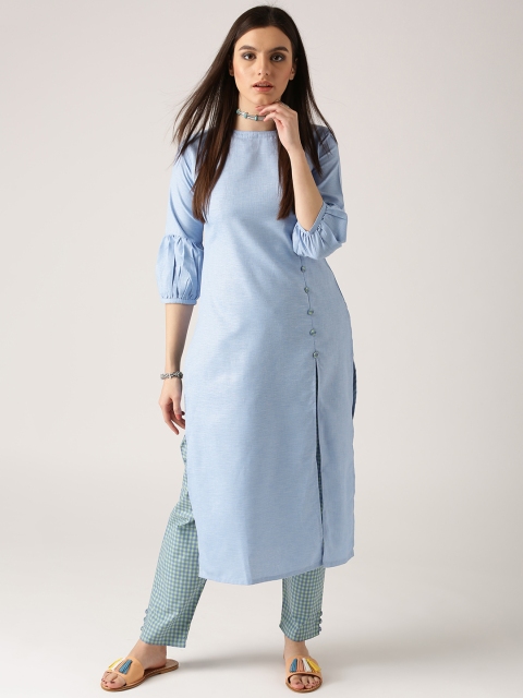 

Libas Women Blue & Green Solid Kurta with Checked Trousers