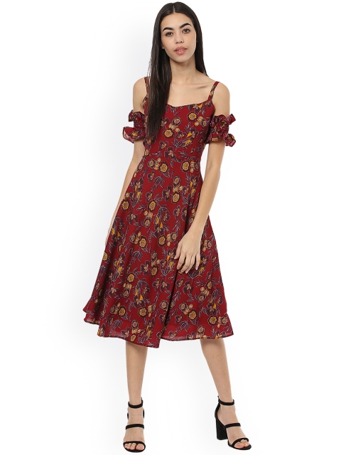 

WoowZerz Women Maroon Printed Fit and Flare Dress