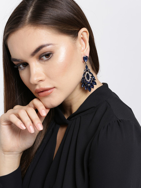 

YouBella Silver-Toned & Navy Contemporary Stone-Studded Drop Earrings