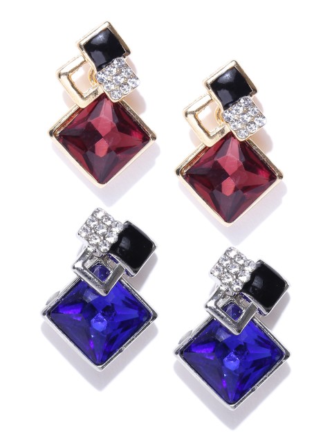 

YouBella Set of 2 Gold-Plated Stone-Studded Diamond-Shaped Drop Earrings, Brown