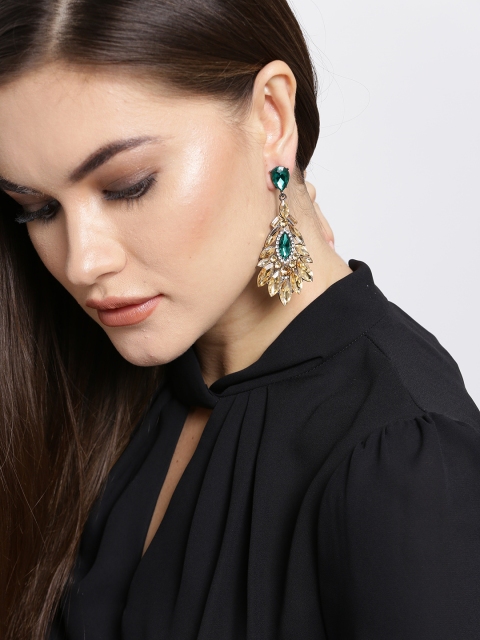 

YouBella Green & Yellow Contemporary Stone-Studded Drop Earrings