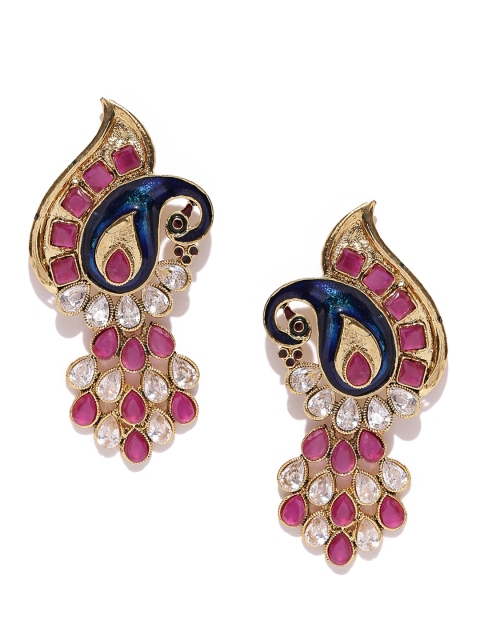 

YouBella Navy & Pink Gold-Plated Peacock Shaped Stone-Studded Drop Earrings