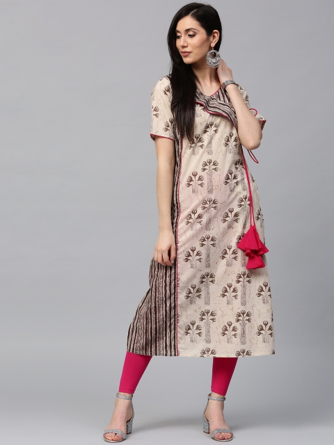 

Jaipur Kurti Women Beige & Brown Printed Angrakha A-Line Kurta