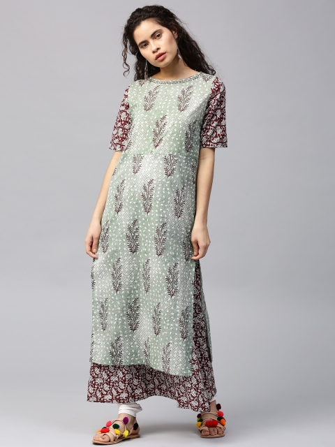 

Jaipur Kurti Women Green & Burgundy Printed Layered A-Line Kurta