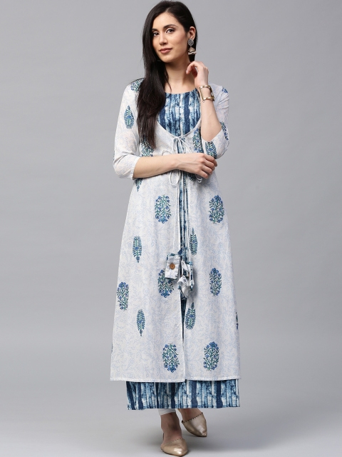 

Jaipur Kurti Women White & Blue Printed Layered A-Line Kurta