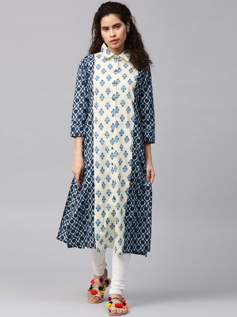 

Jaipur Kurti Women Blue & Cream-Coloured Printed Straight Kurta
