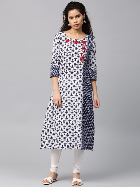 

Jaipur Kurti Women White & Navy Blue Printed A-Line Kurta