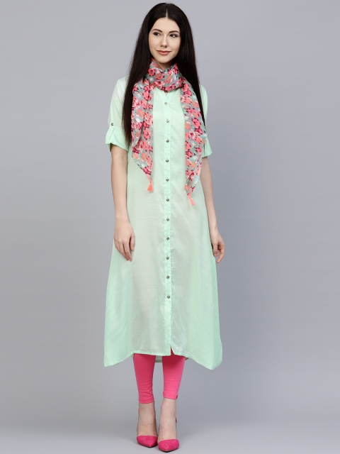 

Jaipur Kurti Women Green Solid A-Line Kurta With Scarf