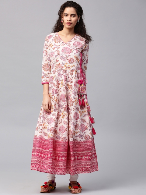 

Jaipur Kurti Women Off-White & Pink Printed Angrakha Anarkali Kurta