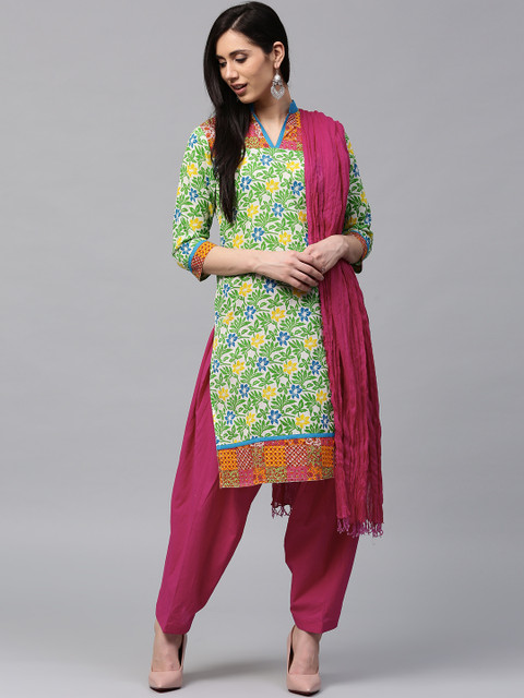 

Jaipur Kurti Women Green & Pink Printed Kurta with Patiala & Dupatta