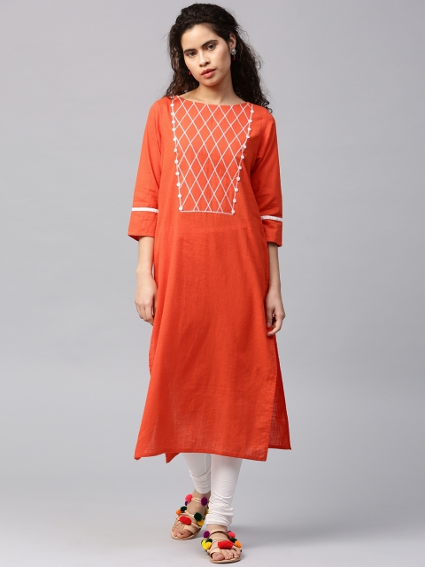 

Jaipur Kurti Women Orange Yoke Design Straight Kurta